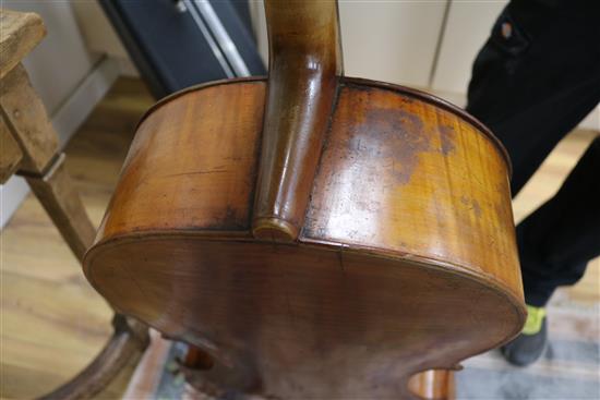 A cased cello and unsigned bow L.123cm